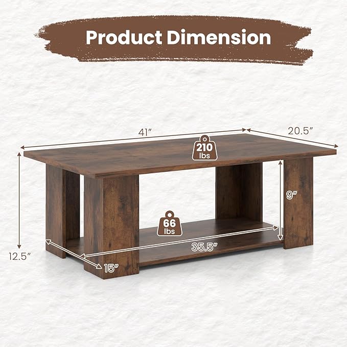 GOFLAME Coffee Table with Storage, Modern Center Table for Small Space, Accent Tea Tables for Living Room, Reception Room, Dining Room, Easy Assembly, Rustic Brown