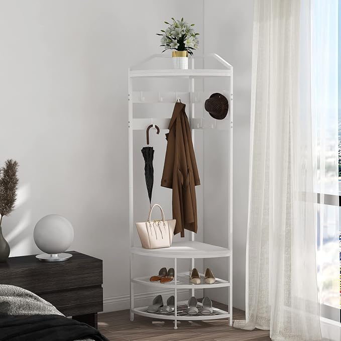 GiftGo Corner Hall Tree with Shoe Bench Entryway Coat Rack with 10 Metal Movable Hooks Freestanding Clothes Rack Shoes Shelf Organizer for Home Office Bedroom (White) - Image 5