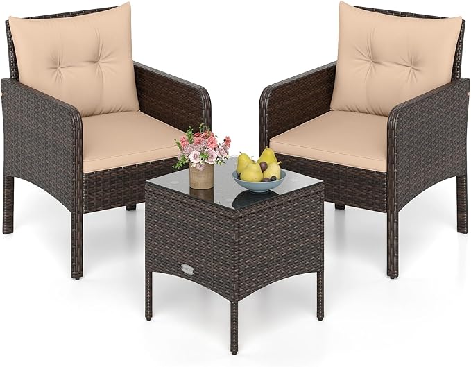 Tangkula 3 Pieces Patio PE Wicker Furniture Set, Outdoor Bistro Conversation Set with Cushions and Tempered Glass Coffee Table, Outside Rattan Table and Chairs for Porch (Beige)