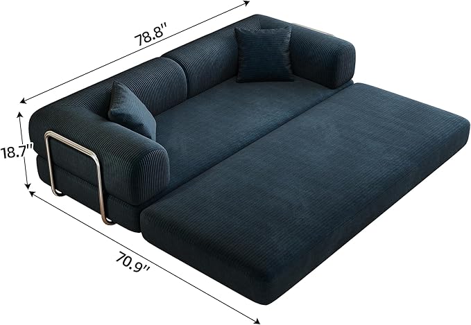 79" Convertible Sofa Bed, Corduroy Folding Pull Out Couch with Pillows, No Assembly Modern Boneless Couch Compression Sofa in Box, Floor Sofa with Support Rods for Living Room,Blue