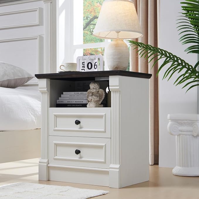 Aitjunz 26" Tall Farmhouse Nightstand, 2 Drawers End Table w/Charging Station, 23.6" Wide Large Side Table w/Roman Column, Wood Rustic Sofa Table w/Open Shelf, Bedside Table for Bedroom, White by AITJUNZ