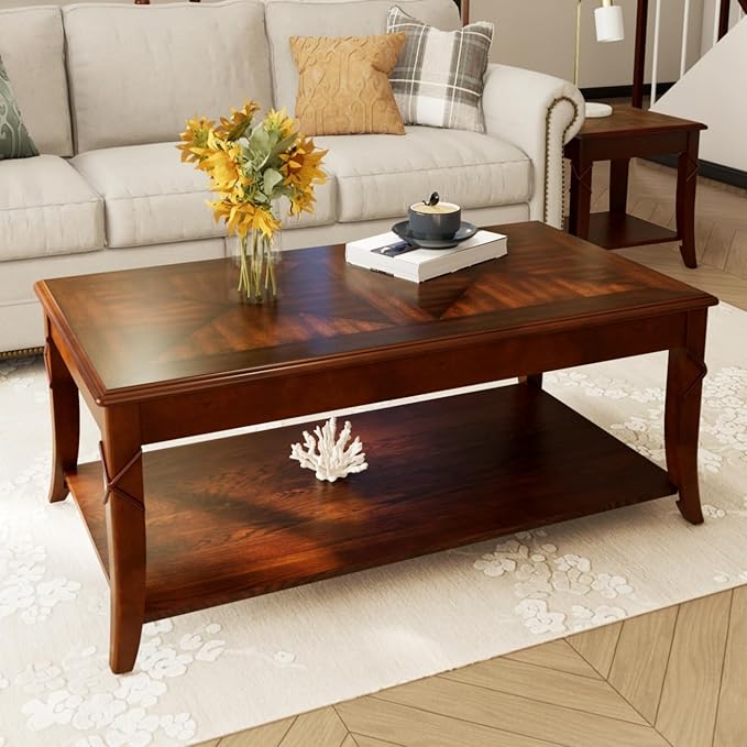 LEEMTORIG Solid Wood Coffee Table for Living Room, Cherry Cocktail Table with Storage Shelf, Mid Century Queen Anne Style Coffee Tables 43.3" Wx23.6 Dx17.7 H, Easy Assembly, Cherry Brown KFZ-DR200