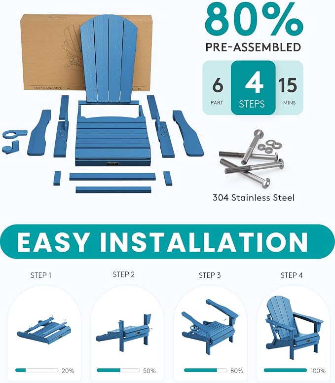 SERWALL Folding Adirondack Chair for Patio Garden Outdoors- Sapphire - Image 7