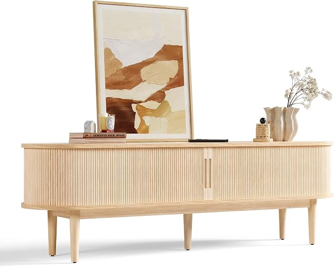LINSY HOME Fluted TV Stand for 75" TV, Mid-Century Modern 70" Entertainment Center with Sliding Tambour Door and Storage Cabinet, Cruved TV Media Console Table for Living Room, Bedroom, Oak by LINSYHOME