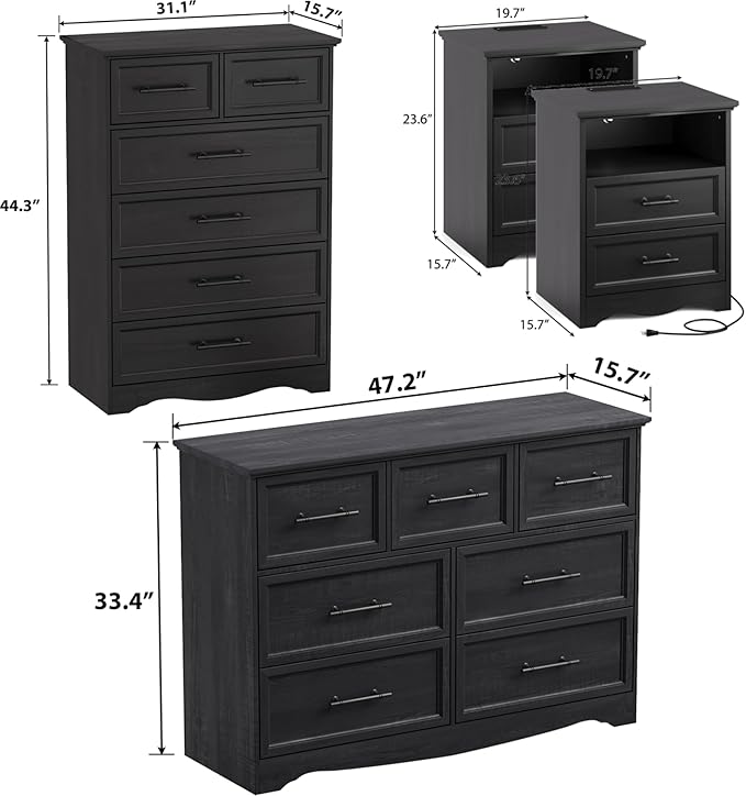 Bedroom Set, 4 Pieces Bedroom Furniture Set, 47" W 7 Drawer Dresser, 44" H 6 Drawer Dresser and Nightstands with Charging Station, Farmhouse Storage Organizer Cabinet for Bedroom, Black