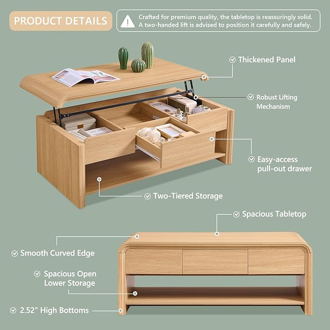 47" Lift Top Coffee Table with Storage, Modern Coffee Table with Pull-Out Drawer and Two-Tier Storage, Rectangle Wood Center Table w/Curved Profile Design for Living Room, Natural