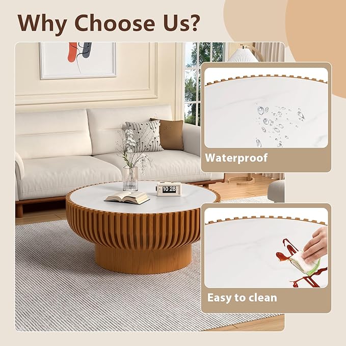Round Drum Coffee Table White Fluted Coffee Table Circle Center Table Pedestal End Table for Apartment (31.5 in White Desktop)