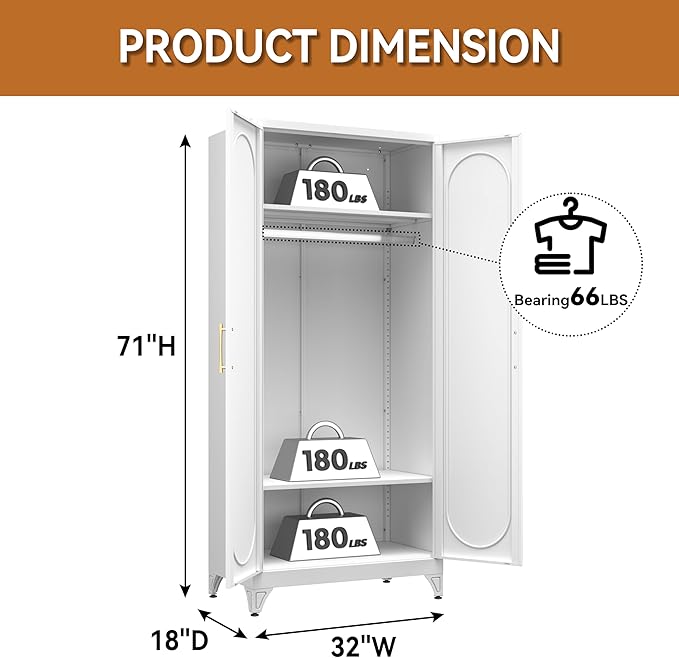 Polup Metal Wardrobe Cabinet for Hanging Clothes, 71" Tall Armoire Wardrobe Closet with Hanging Rod, White Clothing Storage Cabinet with Doors and Shelves, Large Closet for Bedroom-Assemble Required