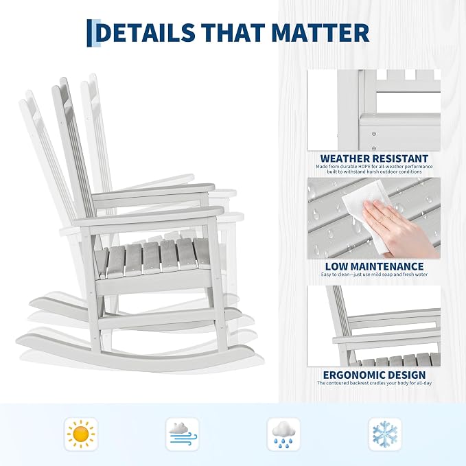 Garvee HDPE Rocking Chair Outdoor Set of 6 - Poly High Back Porch Rocker Chairs for Adults - All Weather Resistant Furniture for Patio Front Porch - White - Image 4