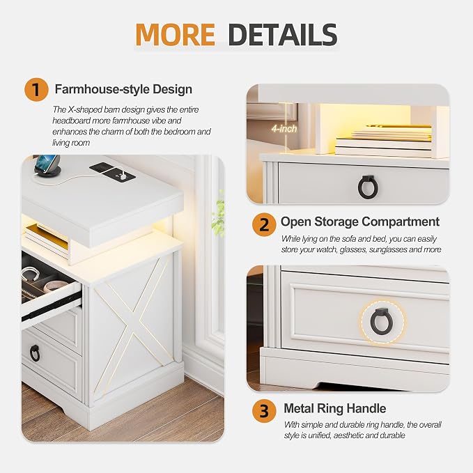 Gurexl Farmhouse Set of 2 Night Stand with Lockable Gun Drawer,LED Nightstand with Charging Station,Bedside Table with Human Sensor 3-Color Lights,End Table with 3 Drawers,Bedroom,White - Image 7