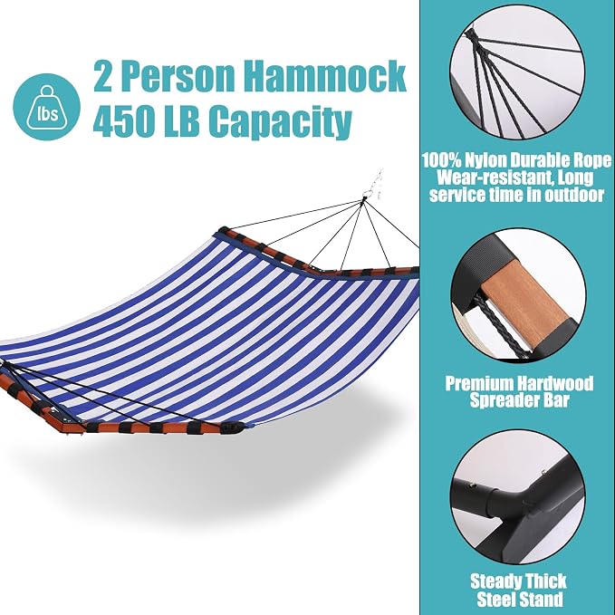 TegerDeger 12FT 2 Person Hammock Large Hammock Quick Dry 450LB Capacity with V Shaped Hardwood Spreader Bar & Nylon Rope for Outside, Patio, Garden, Backyard, Beach, Poolside - Blue Stripes - Image 5