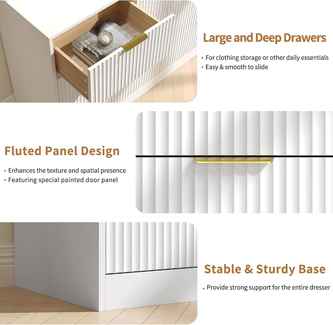 White Dresser Set of 2, Long Dresser for Bedroom Wooden with 14 Drawers, Fluted Modern Bedroom Furniture Set, TV Stand Dressers & Chests of Drawers for Closet (15.7"D x 110.2"W x 31.8"H)
