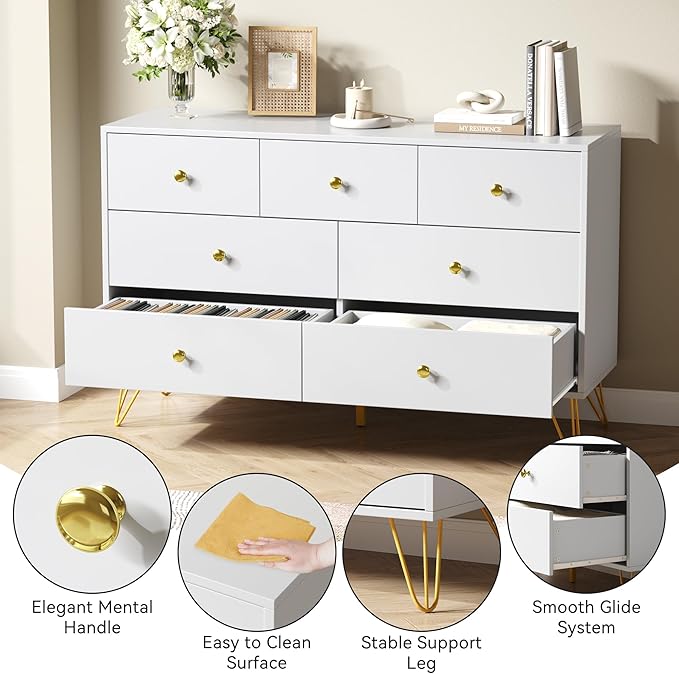 White Dresser and Nightstand Sets for Bedroom,3 Pcs Bedroom Set with Metal Legs, 7 Drawer Dresser & Night Stand Set of 2 with Gold Handles,Bedroom Furniture Sets,Modern Dresser Sets