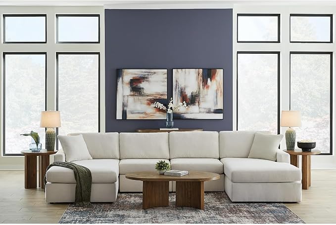 Signature Design by Ashley Modmax Stain Resistant Minimalist Modular Anti Sag 4-Piece Double Chaise Sectional with Loose Reversible Cushions and 2 Accent Pillows, White