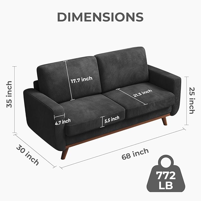 68" Black Corduroy Loveseat Sofa, Comfy Deep Seat Couch with Spring Cushion & Solid Wood Frame, Modern 2-Seater Sofa for Living Room Bedroom Office