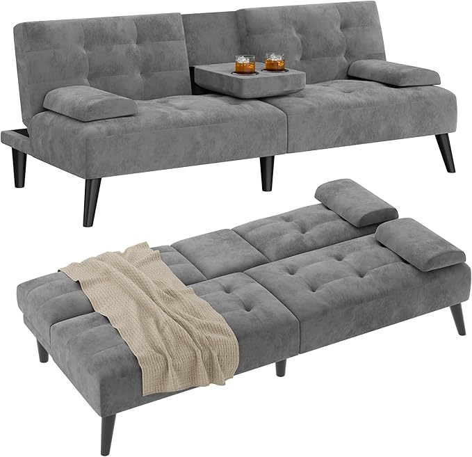 Shintenchi Futon Sofa Bed, Velvet Foldable Couch, Reclining Sleeper with Removable Armrests, Upholstered Loveseat Sofa Couch with Folding Cup Holders for Home, Office, Dark Gray