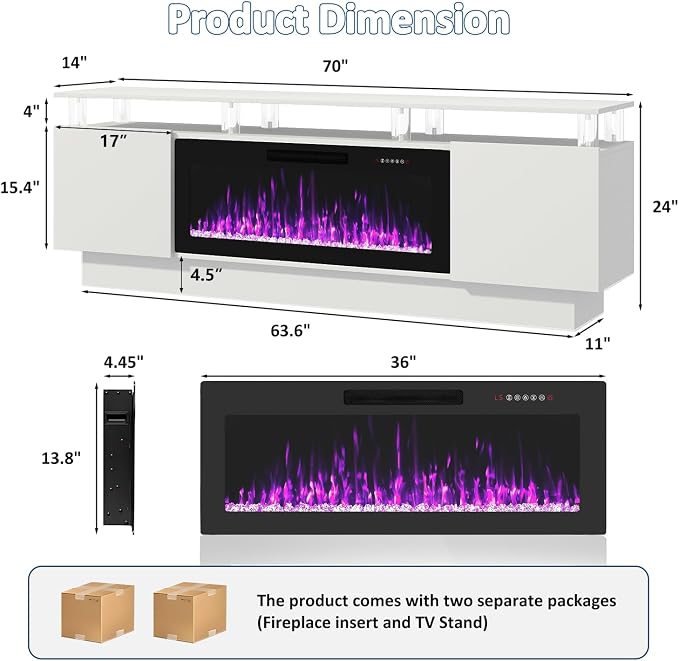 PUKAMI 70" Fireplace TV Stand with 36" Electric Fireplace, LED Light Entertainment Center with Storage, 2 Tier Modern Wood Media TV Console with Highlight Cabinet for Living Room, White - Image 2