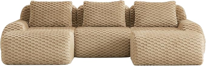 114" U-Shaped Compressed Sectional Cloud Sofa, Flannel Upholstered Modular Deep Seat Sofa with 5 Pieces, Symmetrical Boneless Foam Modular Cloud Couches for Living Room