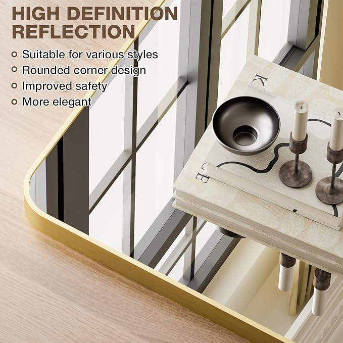 20x30 Inch Bathroom Mirrors for Over Sink, Brushed Gold Rectangle Mirror for Bathroom or Entryway, Wall Mounted Vanity Mirror with Aluminum Alloy Frame & Tempered Glass, Hangs Horizontally/Vertically - Image 3