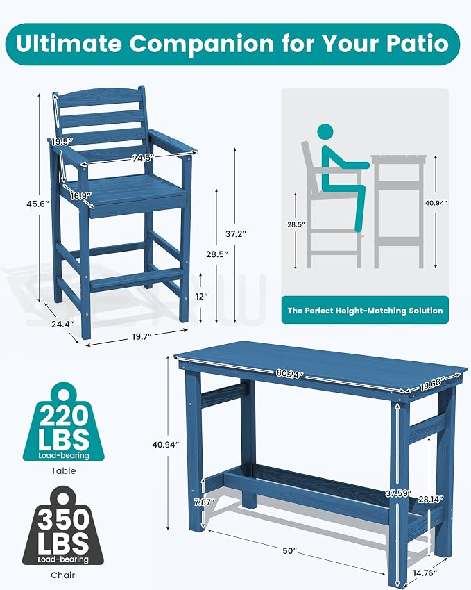 SERWALL Outdoor Bar Set - 4 Adirondack Bar Chairs & Bar Height Table with 1.6" Umbrella Hole, All-Weather HDPE Patio Furniture for Poolside, Backyard, Garden - Blue - Image 4