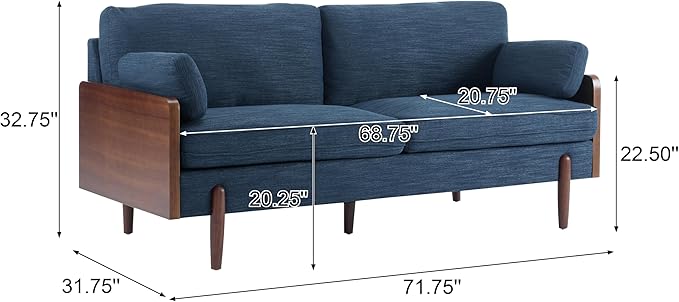 Merax 71.75" Mid-Century Modern Sofa with Plush Cushions, Wood Sides & Rounded Legs Compact & Stylish Couch for Living Room, Apartment Office, Navy