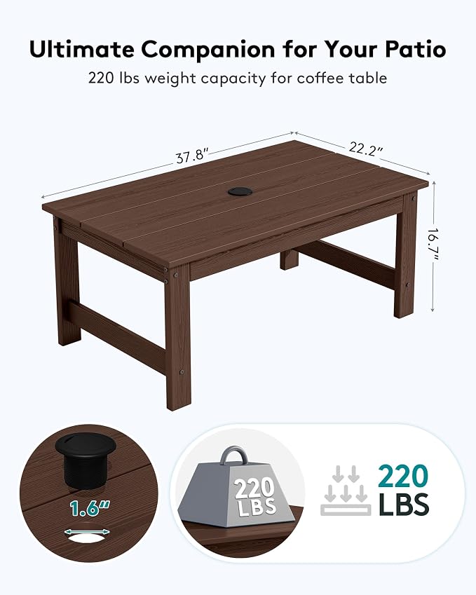 SERWALL HDPE Patio Coffee Table, Rectangle Outdoor Coffee Table, All-Weather Coffee Side Table for Balcony, Poolside, Deck, Garden, Coffee Brown - Image 3