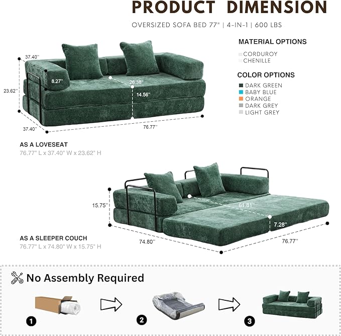 Alpen 77" Convertable Sleeper Sofa, 4-in-1 Pull Out Couch Bed with L-Shaped Armrests, Futon Sofa Bed Queen Size Sleeper Mattress Fold Out Comfy Lounge for Living Room Bedroom, Green