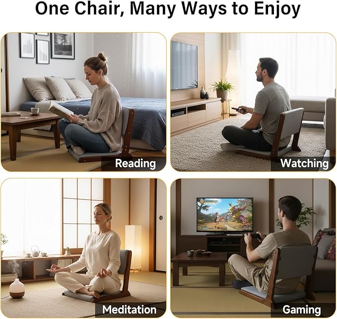 Tiita Foldable Tatami Chair, Japanese Floor Chair, Wood Legless Back Rest Chairs with Cushion, Accent Meditation Floor Chairs Bay Window, Walnut Grey