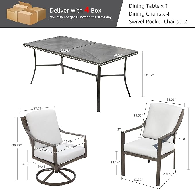 NATURAL EXPRESSIONS 7 Piece Patio Dining Table Outdoor Furniture Set for 6, 4Pcs Fixed and 2Pcs Swivel Patio Dining Chairs with Olefin Cushions, 65”Large Dining Table with Umbrella Hole - Image 8