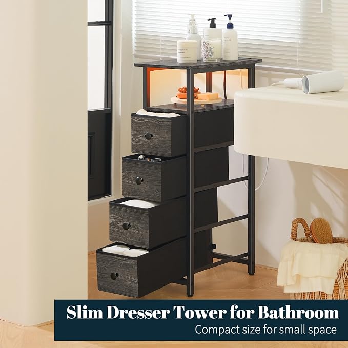 Yoobure LED Narrow Nightstand with Charging Station - Slim Dresser for Bedroom Narrow Side Table Storage Cabinet, Small Dressers Chest of Drawers, Tall Skinny Night Stand End Table for Small Spaces - Image 9