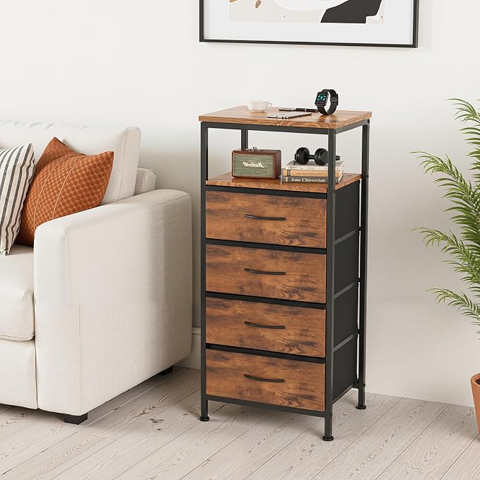 DUMOS Nightstand with Charging Station, Bedside End Table with 4 Fabric Drawers & USB/Type-C Ports and Outlets, Night Stand for Bedroom Furniture, Adjustable Feet and Variable Light Strip, Rust - Image 7