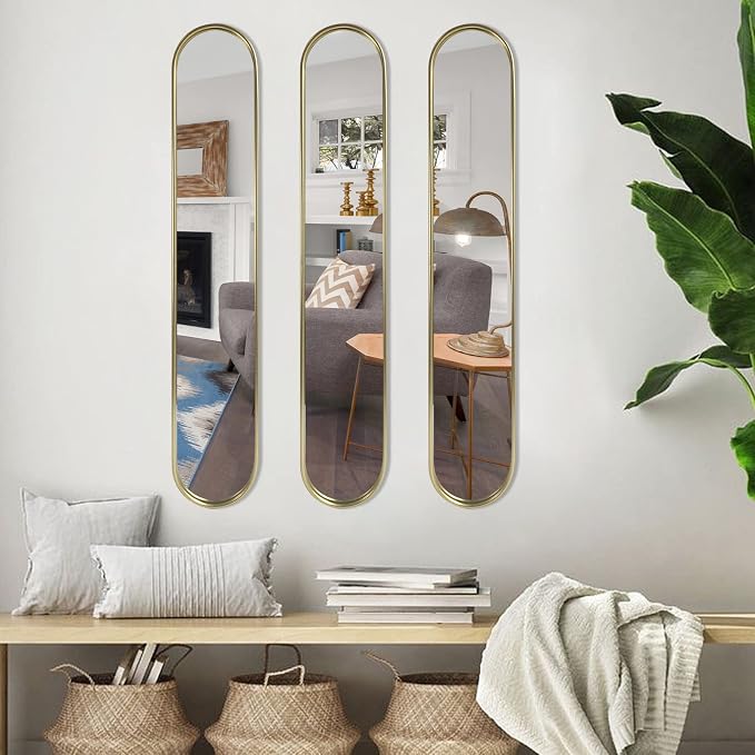 OUSHUAI Gold Tall Mirror,Narrow Capsule Long Mirrors with Metal Frame for Entryway,Hallway,Living Room 44"X8" (3pcs) - Image 8
