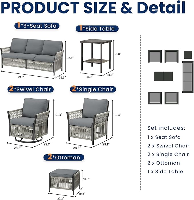 Wicker Outdoor Furniture Set, 8 Piece Patio Conversation Sets, Comfort Swivel Rocker Glider Patio Chairs Set of 4 with Ottoman and Rattan Sofa (Grey)