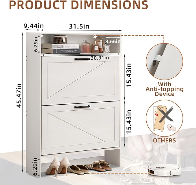 RWYHG Shoe Cabinet Storage for Entryway with 2 Flip Drawers Open Storage Layer Rack Narrow Organizer Slim Hidden Wood Shoe Cabinet Furniture White - Image 2