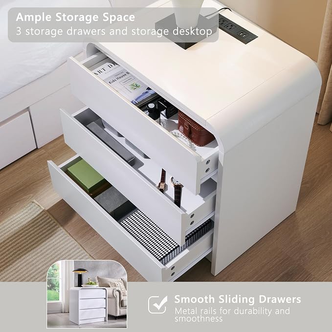 Aitjunz 25" Tall Modern Nightstand with Charging Station, 23.6'' Wide Wood Bedside Table w/3 Storage Drawers, Small Dresser w/Curved Profile Design, End Table for Bedroom, White - Image 4