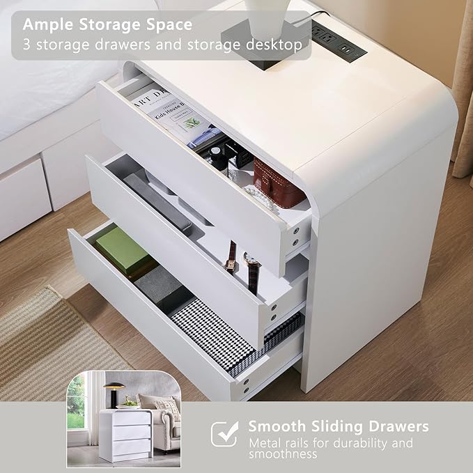 Aitjunz 25" Tall Modern Nightstand Set of 2, 23.6" Wide Wood Bedside Table with Charging Station, 3 Storage Drawers Side Table w/Curved Profile Design, End Table for Bedroom, White - Image 5