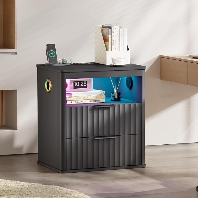 WOOVIVS Modern Nightstand Set of 2 with Fluted Design, Bluetooth Music and Sensor Charging Module, Farmhouse Bedside Table with Storage for the Bedroom, Natural (Grey-2PCS) - Image 2