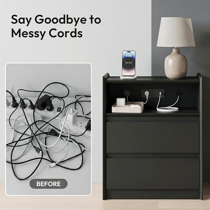 24" Tall Nightstand with Charging Station Including USB-C, Modern Bedside Table and Sofa End Table - Black, 2 Drawers, Set of 2 - Image 6