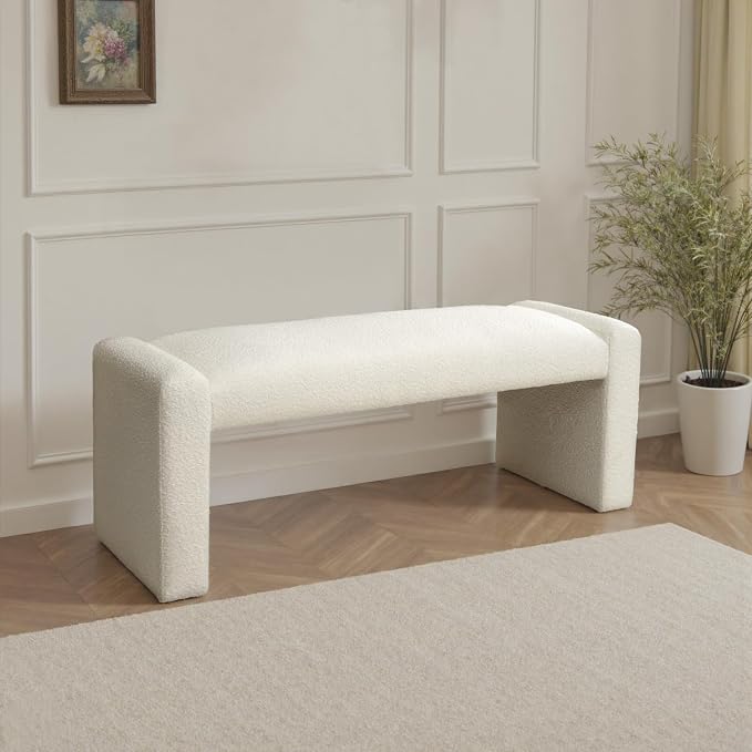 SIMTONAL 47" End of Bed Bench, Modern Fabric Upholstered Entryway Bench, Footrest Stool Accent Bench with Solid Wood Frame for Bedroom Living Room, White - Image 6