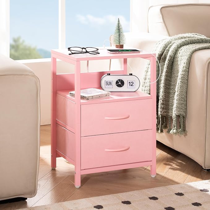 Yoobure Nightstand with Charging Station, Small Night Stand with Fabric Drawers and Storage Shelf for Bedrooms, Nightstands for Small Spaces, Bedside Table with USB Ports & Outlets Bed Side Table - Image 2