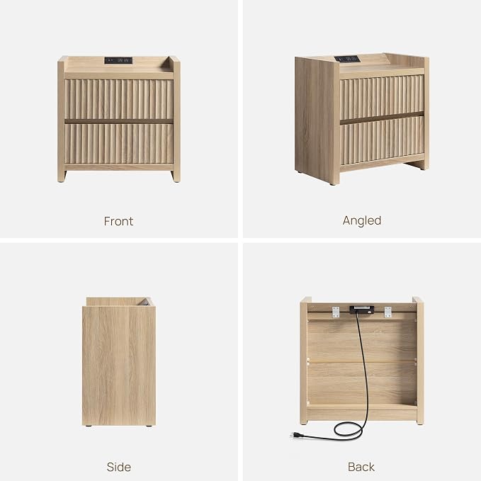 SICOTAS Night Stand Fluted Nightstands with Charging Station- Modern 2 Drawers Nightstand 25" Tall Bedside Table End Table, Large Night Stands for Bedroom, Sofa Side (Light Oak, 1 Piece) - Image 9