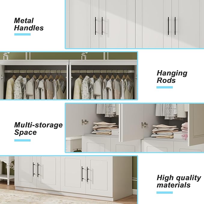 Wooden Armoire Wardrobe Closet with 4 Door, Bedroom Armoire Storage Cabinet, Modern White Armoire Wardrobe Closet with Shelves and Hanging Rod for Bedroom