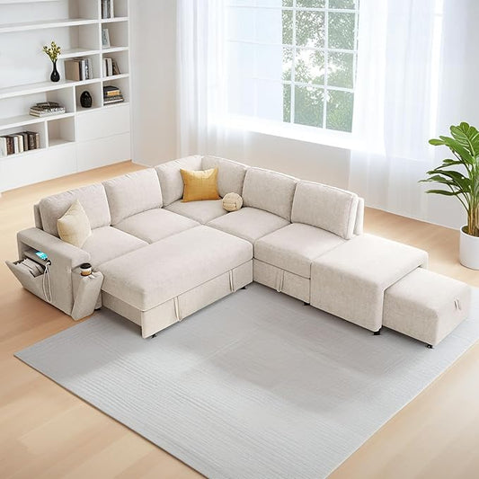 ERYE L-Shaped Multifunctional Sleeper Sectional with Hidden Storage and Cupholders, Modern Pull Out Sleeper Convertible Sofa Bed W/Storage Chaise, Ottoman, USB-C Ports