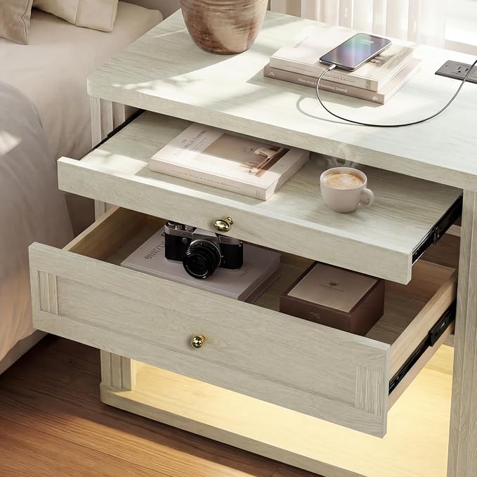 STO'SENSE 31" Wide Nightstands Set of 2, Extra Large Night Stands with Charging Station & Led Light, Oversized Nightstand Bedside Table with Drawers & Pull-Out Tray, End Table for Bedroom, White Oak - Image 6
