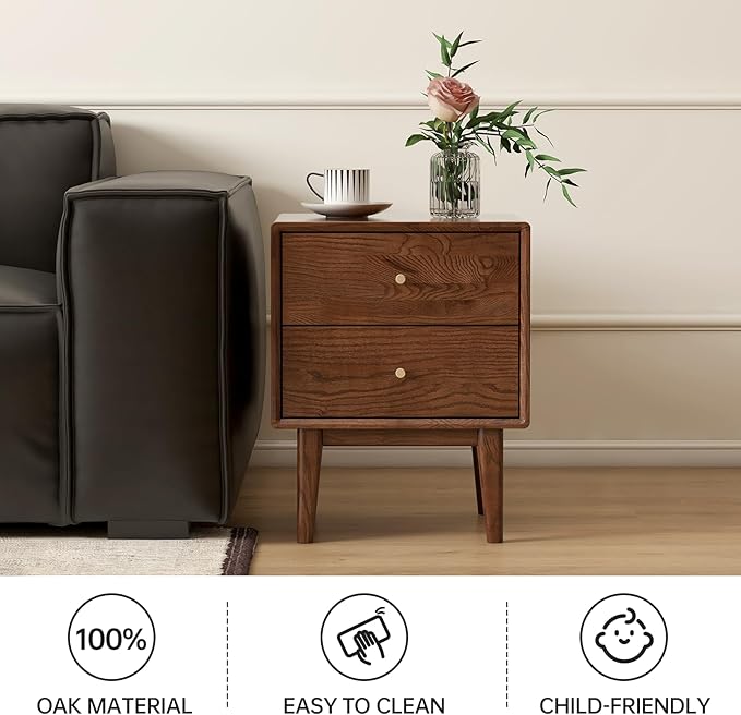 100% Solid Wood Nightstand, Walnut Nightstand with 2 Drawers, Mid Century Modern Night Stand, Oak Nightstands, Wooden Nightstands for Low Bed, Small Bedside Tables for Bedroom(19.69" H) - Image 7