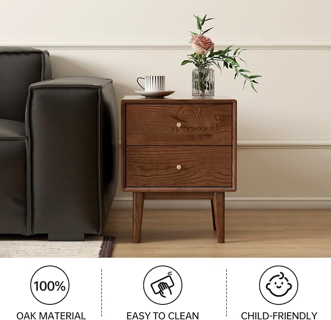 100% Solid Oak Wood Night Stand Set 2, Walnut Nightstand with 2 Drawers, Mid Century Modern Nightstands, Small Bedside Table for Bedroom(19.69" H) - Image 6