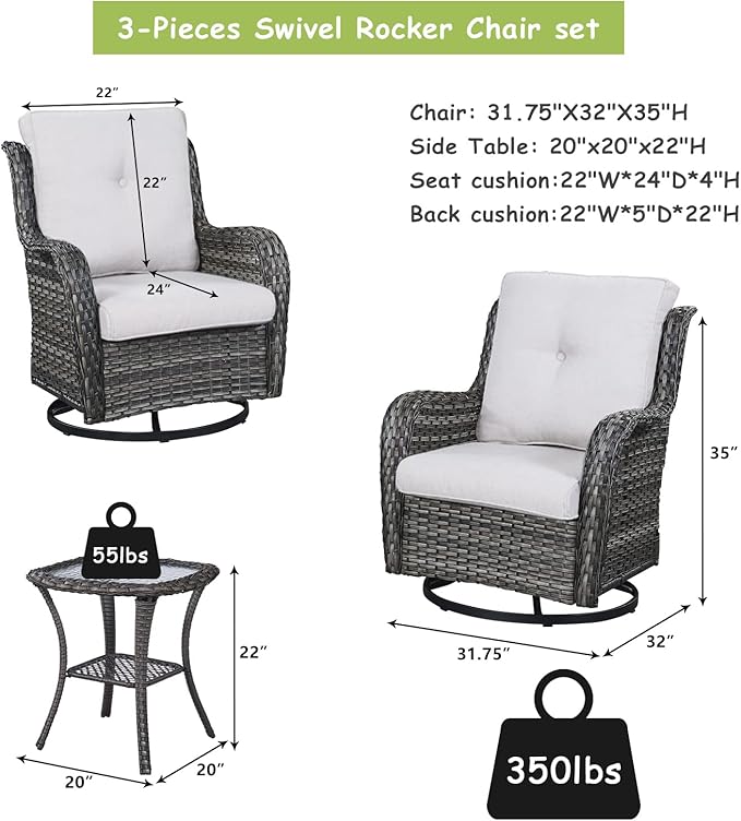 Rilyson Wicker Rocking Chair Swivel Chairs – 6 Piece Rocker Patio Furniture Set Rattan Rocking Bistro Sets with Glass Top Side Table for Outdoor Porch Deck Garden Backyard(Mixed Grey/Beige)