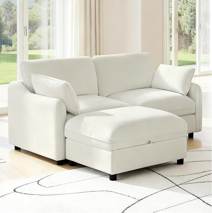 79" Cloud Sectional Couches for Living Room,L Shaped Oversized Modular Modern Linen Sofa with 1 Movable Ottoman,3 Deep Seat with 2 Throw Pillows,Warm White