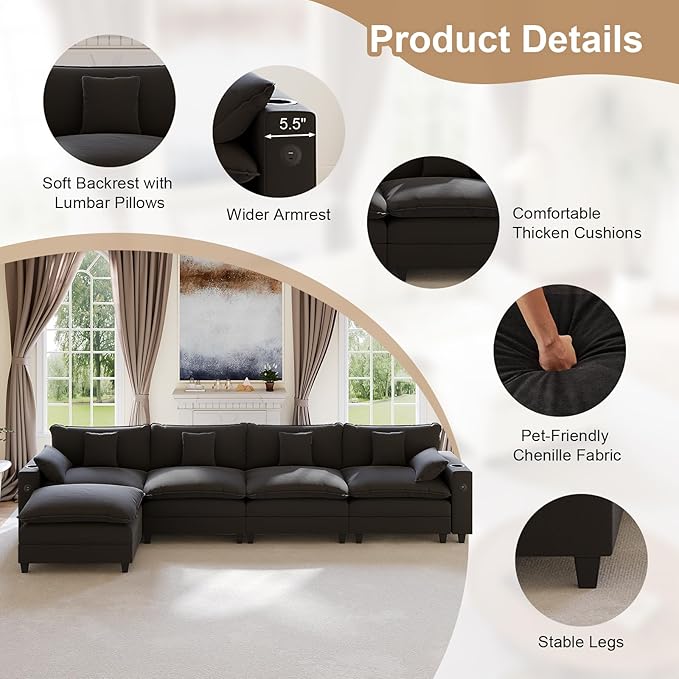 152" Modular Sectional Sofa, L Shaped Cloud Couch with Movable Ottoman, Chenille Deep Seat Cloud Sofa with Charging Station, Cup Holder, Side Pocket, Sectional Couches for Living Room, Black