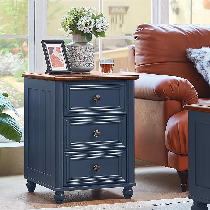 RWYHG 18" Farmhouse Night Stand, Blue Wood Nightstand with 3 Drawers, Bedside End Table with Storage and Roman Column, Bed Side Tables Cabinet for Bedroom, Living Room, and Closet by RWYHG